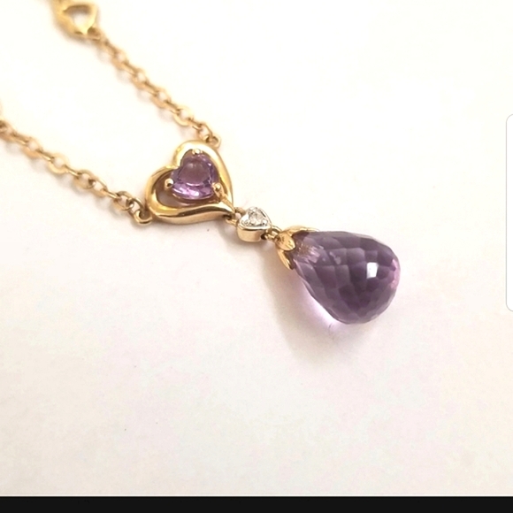 14k Yellow Gold Amethyst Diamond Necklace Teardrop Briolette - Picture 2 of 10